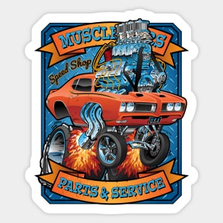 Classic Sixties Muscle Car Parts & Service Cartoon Sticker